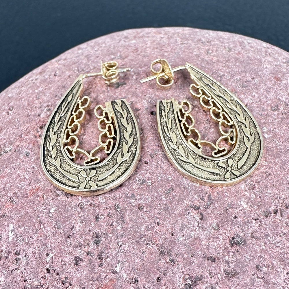 Vintage Gold Tone Horseshoe Filigree‎ Teardrop Earrings Southwestern Western